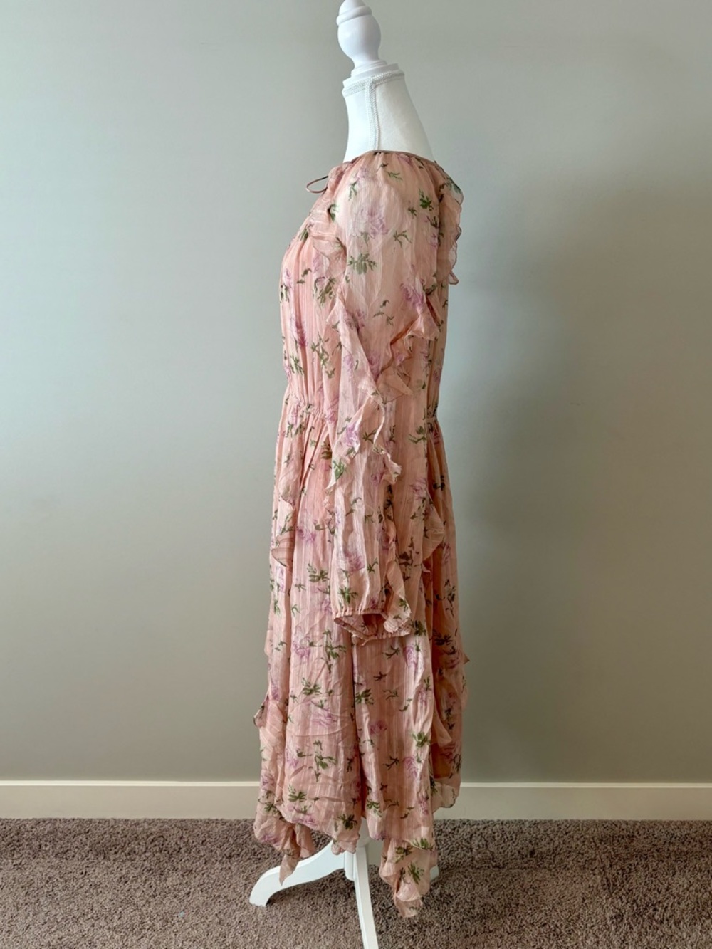 Ulla Johnson Lorelei Silk Floral Dress Size 10 Blush Pink Ruffle Sleeve Boho - Picture 4 of 8